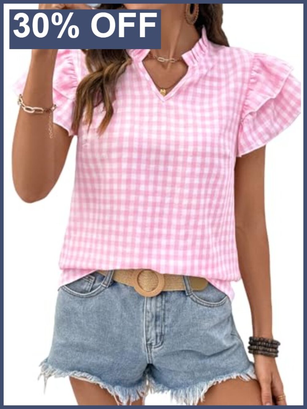 Womens V Neck Ruffle Sleeve Peplum Blouse Gingham Top